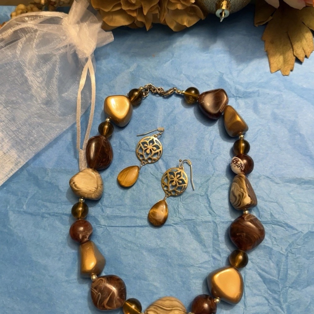 Elegant Brown and Gold Necklace and Earring Set
